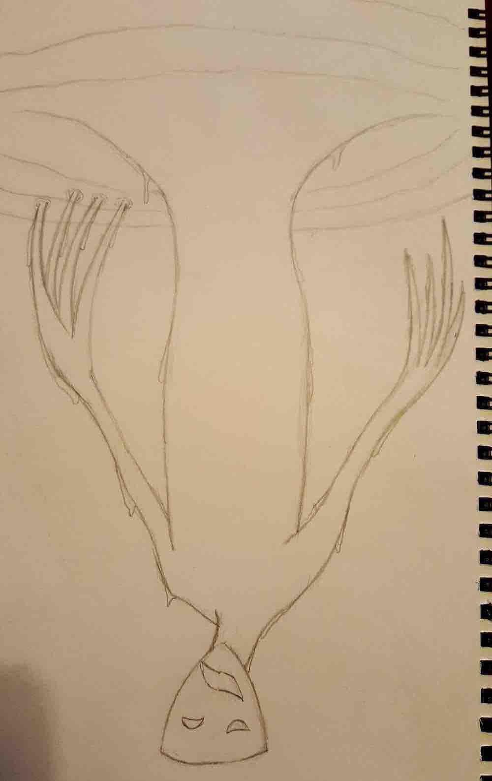 Pencil drawing of a monster hanging from the ceiling