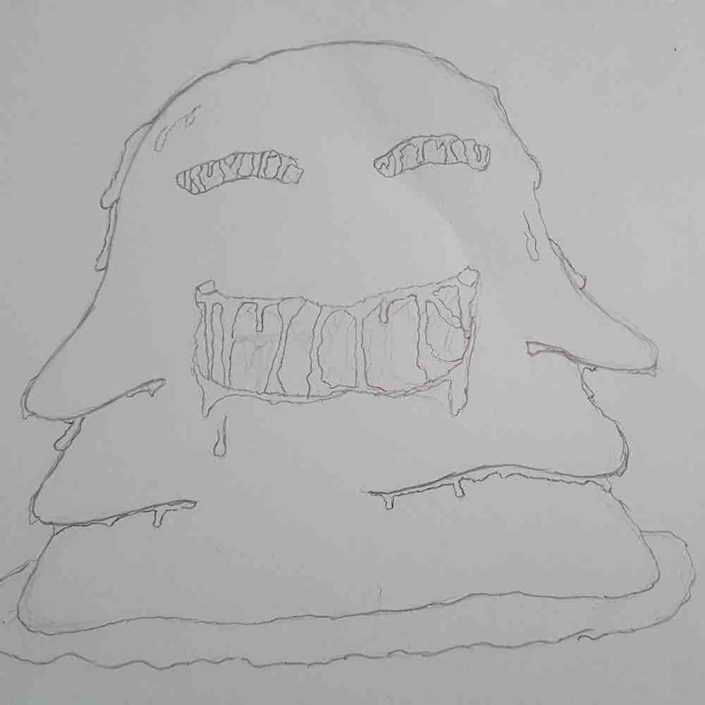 Pencil drawing of a smiling slime creature